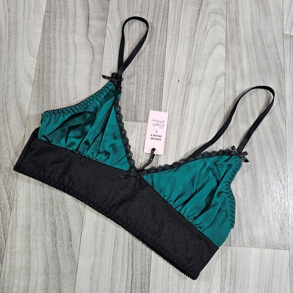 Kiss Me Deadly X Playful Promises Diana Satin Bralette, Green / Black, Size 6 - Picture 1 of 8